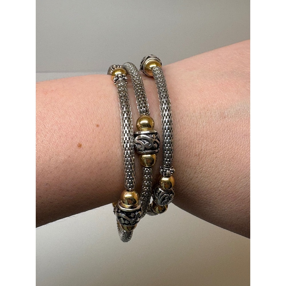 Two Tone Silver Gold Mesh Wrap Coil Bracelet with Scrollwork Beads